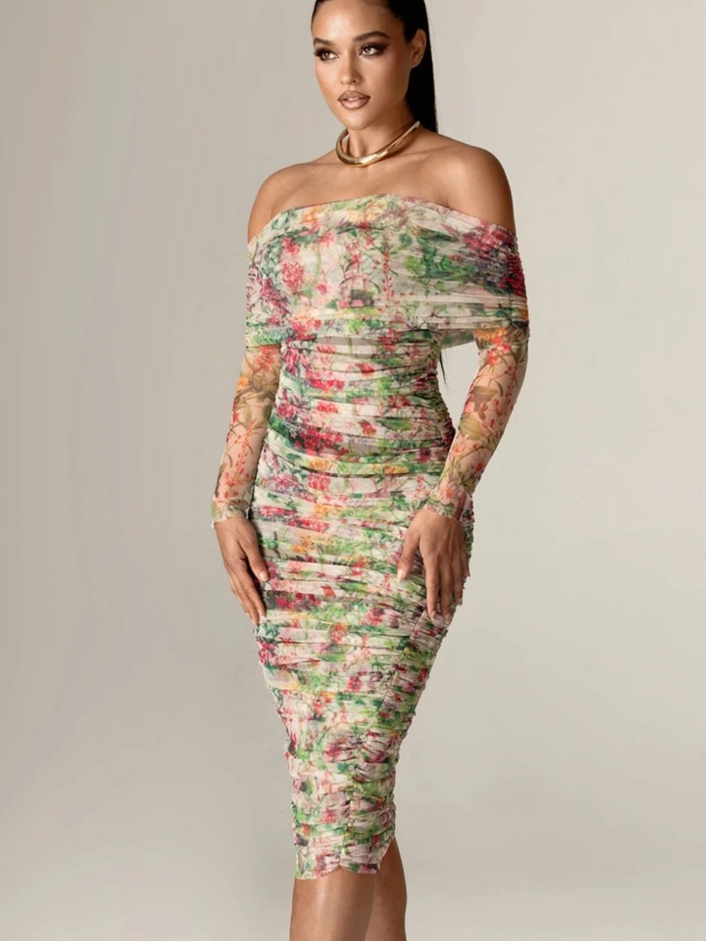 Aliava Off-Shoulder Floral Ruched Midi Dress Wedding Formal Summer Cocktail Sz S